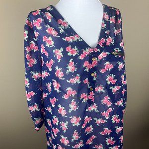 Wishful Park 3/4 Roll Tab Sleeve Blouse Size XL Navy Blue Pink, Floral Print